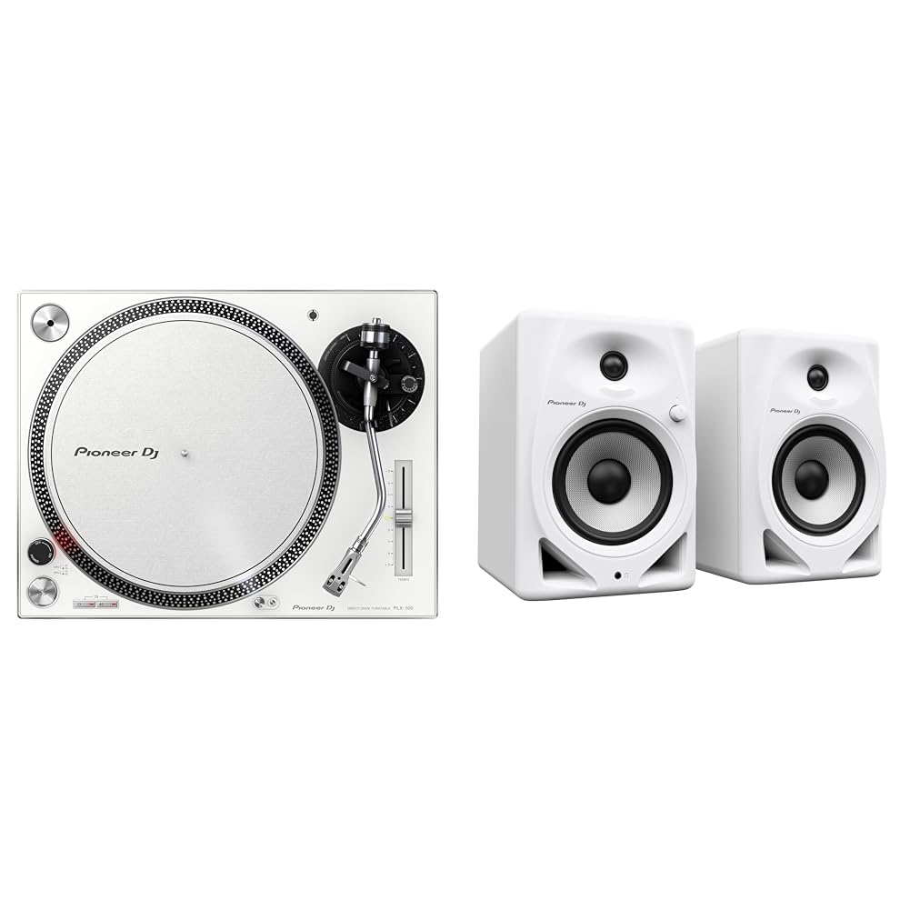 Pioneer DJ PLX-500-W DJ-Plattenspieler mit Direktantrieb, Weiß & DM-50D 5" Desktopmonitorsystem (weiß) DM-50D-W On Size