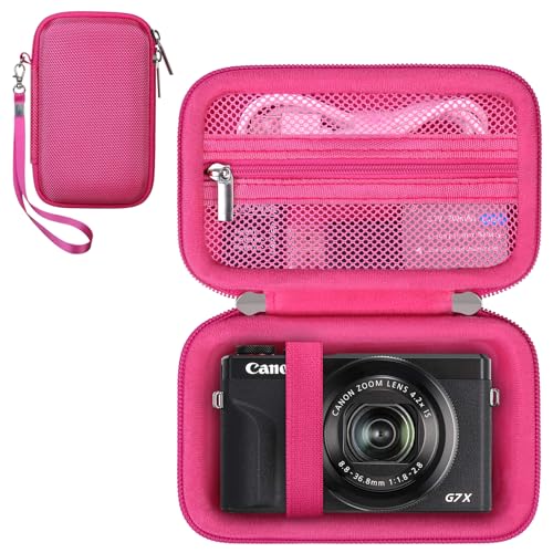 RAIALL Funda para la cámara Digital Canon PowerShot G7 X Mark III/G7X Mark II, Funda rígida de Transporte y Bolsa Protectora de Viaje, Bolsillo de Malla para Pilas y Cable USB, Rojo Rosado
