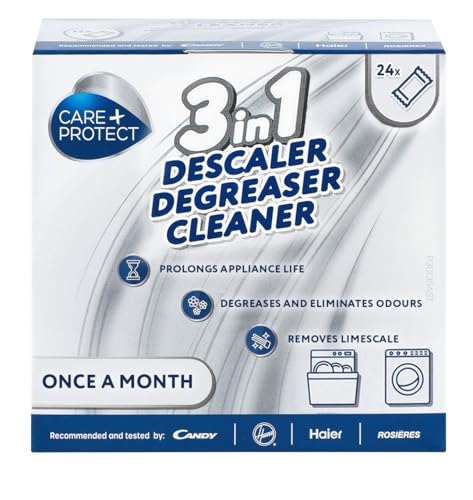 CARE + PROTECT 3 in 1, antical, desengrasante y desinfectante, para lavavajillas y lavadora, universal, original, profesional, en polvo, 24 sobres, El embalaje puede variar