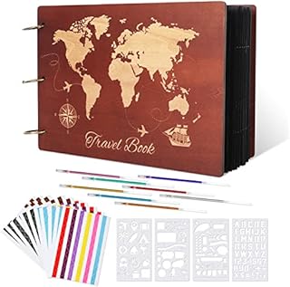 Scrapbook Album, Giiffu Refillable Travel Album Wooden Photo Album Vintage DIY Memory Photo Book 100 Pages Travel Scrapbook for Anniversary, Wedding, Travelling, Baby Shower (World Map Scrapbook)