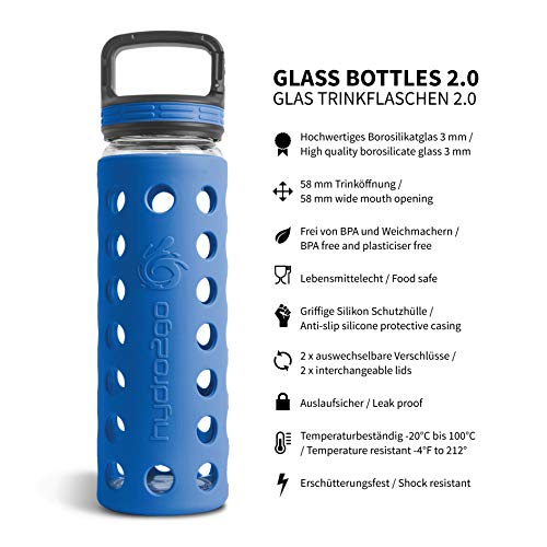 Glas Trinkflasche hydro2go mit Silikonhülle und Sportverschluss