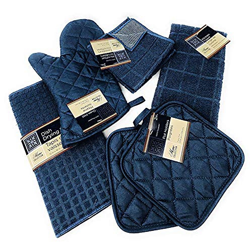 Kitchen Towel Set with 2 Quilted Pot Holders, Oven Mitt, Dish Towel, Dish Drying Mat, 2 Microfiber Scrubbing Dishcloths (Navy Blue)