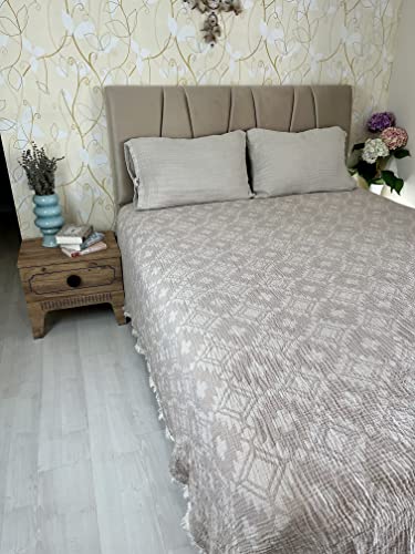 100% Cotton Muslin Blanket, Aztec Desigen 4 Layers Bedspread, Soft Turkish Cotton Muslin Bed Cover, Reversible Coverlet, (Beige) #TOP5