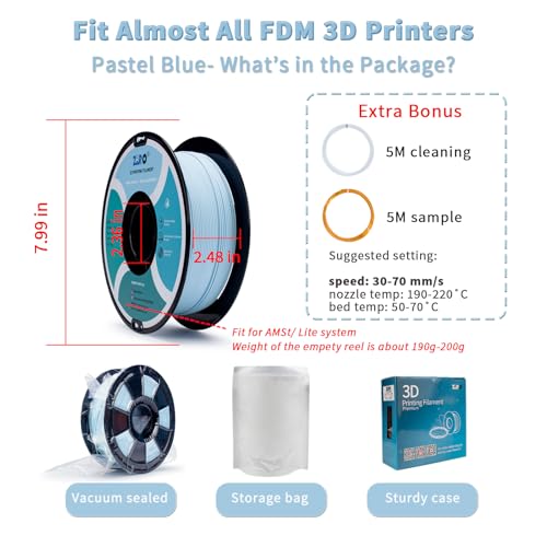 Image of ZIRO Matte Pastel Colors PLA Series, Tougher & Stronger, 1.75mm Pastel Blue | Fit for Most FDM 3D Printer, 1.75mm 1KG Spool, Dimensional Accuracy + /-0.03mm, Colorful PLA FilamenT