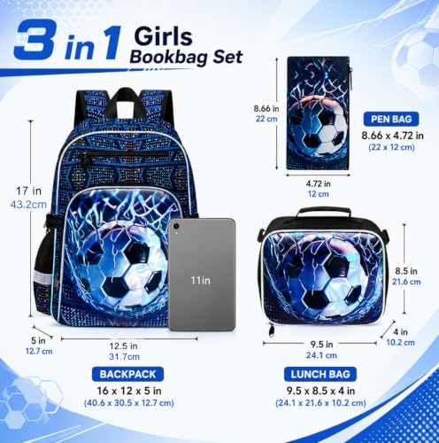 Image of HPJGD 3PCS Backpack for Kids, 17 inch Boys Soccer Preschool Bookbag Set with Clip-On Lunch Box, Water-Resistant School Bag for Elementary - Thrash Net Soccer