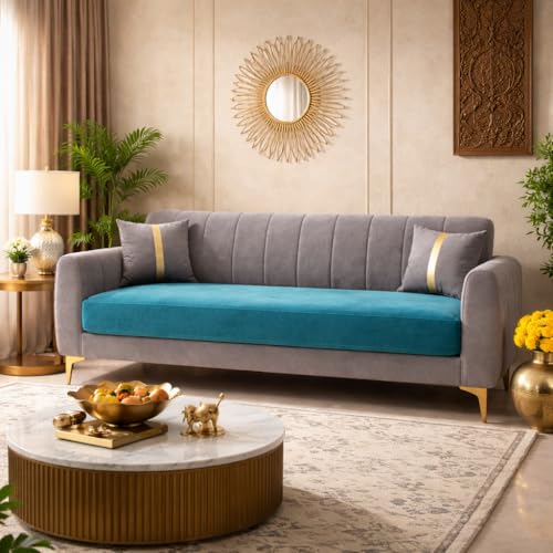 Image of Hermione Luxe Velvet-Suede Fabric Dual Tone 3 Seater Sofa | Golden Legs | Comfortable Seating | Modern Sofa for Living Room - Dark Gray & Aqua Blue