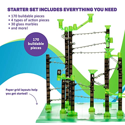Marble Genius Marble Rails Starter Set, 200 Piece Marble Run (30 Marbles, 30 Rail Pieces, 12 Base Pieces, and More), with Online App and Full-Color Instructions