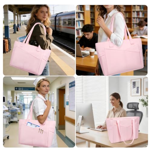 Image of CTWWFS Large Tote Bag for Women with Zipper, Nylon Lightweight Work Tote with 15.6 inch Laptop Sleeve, Nurse Bag for Work College