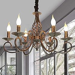 Lampara Para Comedor Antigua Colgante Lámpara Antigua Colgante Industria Ligera Pendiente Clásico Colgante Vela Altura Regulable Forjado Hierro Retro Campo Estilo E14 Salón Simple Araña,Bronce,6heads