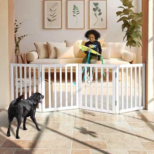 Freestanding-Indoor-Dog-Gate-for-House-Foldable-Wood-White-Puppy-Gate-for-Doorways-Pet-Gate-for-Stairs-Extra-Wide-Pet-Fence-24-Height-4-Panels 51eeF6XGl8L
