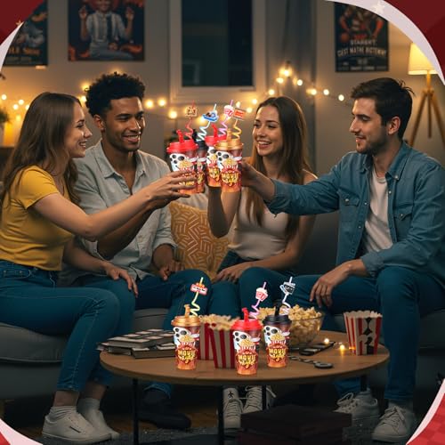 Yungyan 16 Sets Movie Night Party Favors Goodie Cups with Lids and Straws for Halloween Party Decorations Reusable 16oz Plastic Candy Cups Plastic Straws for Birthday Gift(Movie Night) by Yungyan - Used condition - Image 6