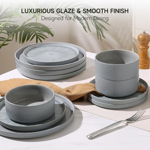 Image of Dinnerware Sets, Ceramic Plates and Bowls Set 18 Piece Dinnerware for 6 Chip Resistant Stoneware with Advanced Inkjet Printing Technology, Dishwasher and Microwave Safe-Smoky Blue