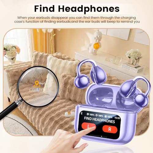 Image of Clip On Ear Headphones, Open Ear Earbuds Wireless Bluetooth 5.4, Clip On Earbuds with LCD Touchscreen, Lightweight Comfort Open Ear Headphones for Pad Tablet Laptop Android /iOS Phones (Purple)