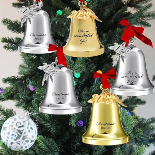 Campana de Navidad dorada de metal, decoración anual para árbol de Navidad 5