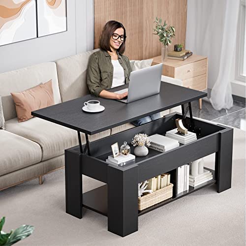 Noblewell Coffee Table Lift Top With Storage Compartment And Separated Open Shelves, Pop Up Coffee Table For Living Room, 39.4In L, Black #TOP3