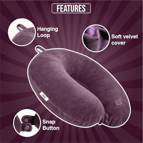 Image of CRAE Travel Neck Pillow for Men & Women | Soft Fibre Cushion for Flight, Car & Train | Soft Velvet Fabric with Attachable Snap Strap | Cervical Support for Neck Pain Relief.Pack of 1(Mouving Mauve)