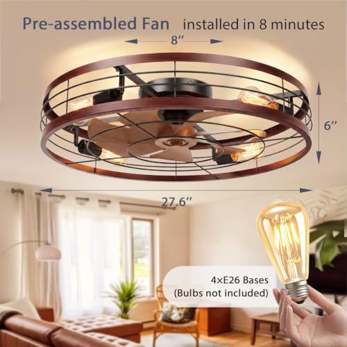 Image of VOLISUN 27.6'' Caged Ceiling Fan with Light and Remote,Rustic Low Profile Ceiling Fan with Light Flush Mount, Farmhouse Bladeless Fandelier Ceiling Fans with Lights for Kitchen,Bedroom-Wood