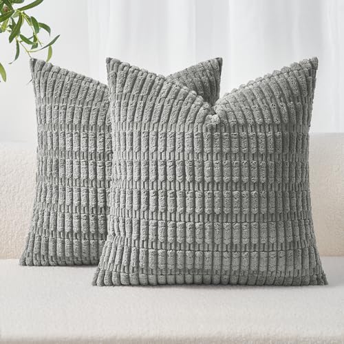 Topfinel Grey Cushion Covers 45cm x 45cm,Corduroy Decorative Fluffy Pillows Cases,Cushions Cover 18x18 inches with Invisible Zipper for Sofa Bed Livingroom Bedroom,Pack of 2