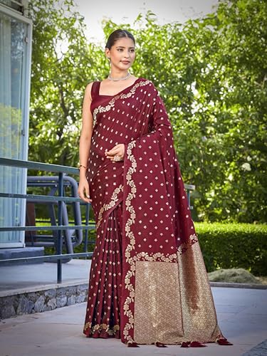 Image of MANOHARI Women's Trendy Banarasi Satin Silk Woven Saree with Heavy Jacquard Work, Elegant Design for Women with Lace Border Unstitched Blouse Piece for Weddings & Festive Occasions