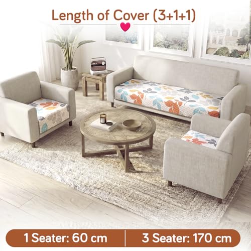 Image of HOKIPO 'Homehues Series' Printed Quilted Sofa Cover Mat for 5 Seater Set - Multicolor Leaves (IN-806 * 2 + IN-809 - D2)