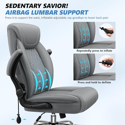 Image of BestGlory Executive Office Chair with Lumbar Support, Big and Tall Ergonomic Computer Desk Chair, Leather Comfy High Back Gaming Chair with Flip Up Arms & Rocking Function for Home Office, Gray