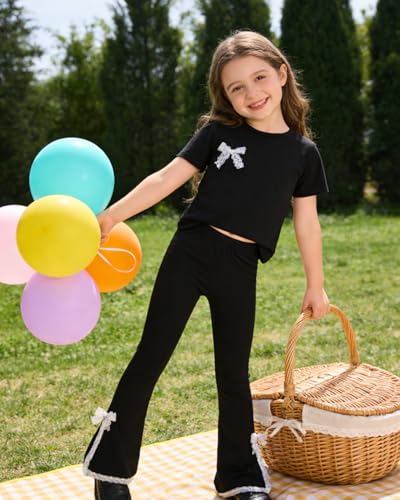 Image of OLMRJKD Kid Toddler Girl Clothes Outfits Short Sleeve Butterfly Top Flared Leg Pants Summer Clothing Set