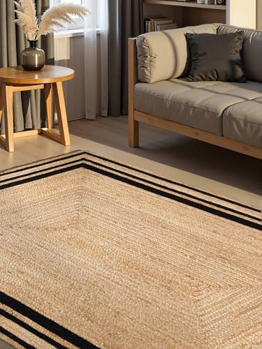 Hanse Home Looma - Jute Teppich, Natürlich & Handgemacht, Naturteppich Robust mit Bordüre, Boho Look Wohnzimmerteppich für Wohnzimmer, Schlafzimmer, Esszimmer, Flur - Natur Gold Schwarz, 80x150 cm