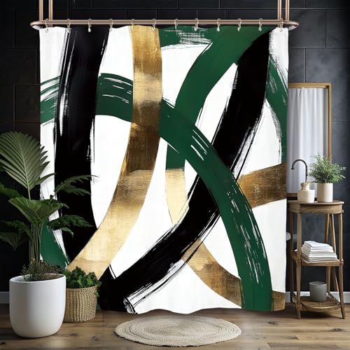 Miyotaa Abstract Emerald Green Gold Shower Curtain Set 60Wx71H Inches