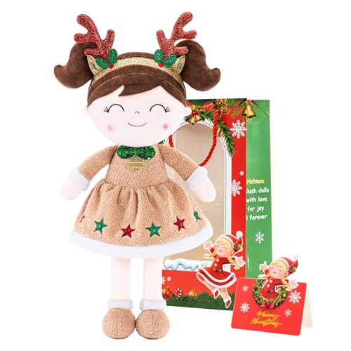 Gloveleya Christmas Reindeer Girl Plush Doll Soft Stuffed Animal Holiday Toy with Antlers Gift Box & Card Xmas Present for Toddler Girls Baby Shower & Birthday Gift