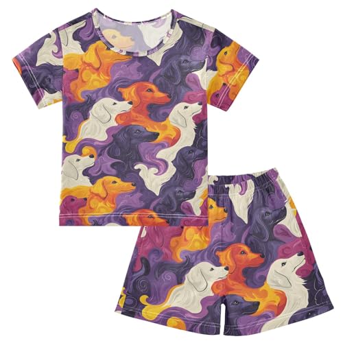 ALAZA Colored Puppy Dog Cartoon Pajamas Set Short Sleeve Cotton Sleepwear Summer Pjs 2 Piece 5-14Y