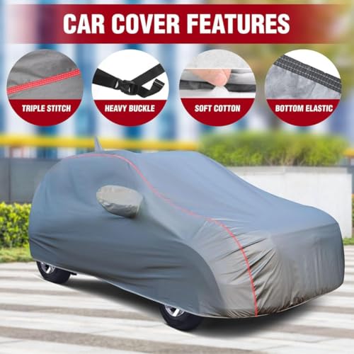 Image of 100% Waterproof Car Body Cover for Hyundai Grand i10 Nios (2019-2025) with Mirror Pocket (Heat & UV Resistant, Triple Stitched, Soft Lining, Bottom Elastic & Piping) Grey