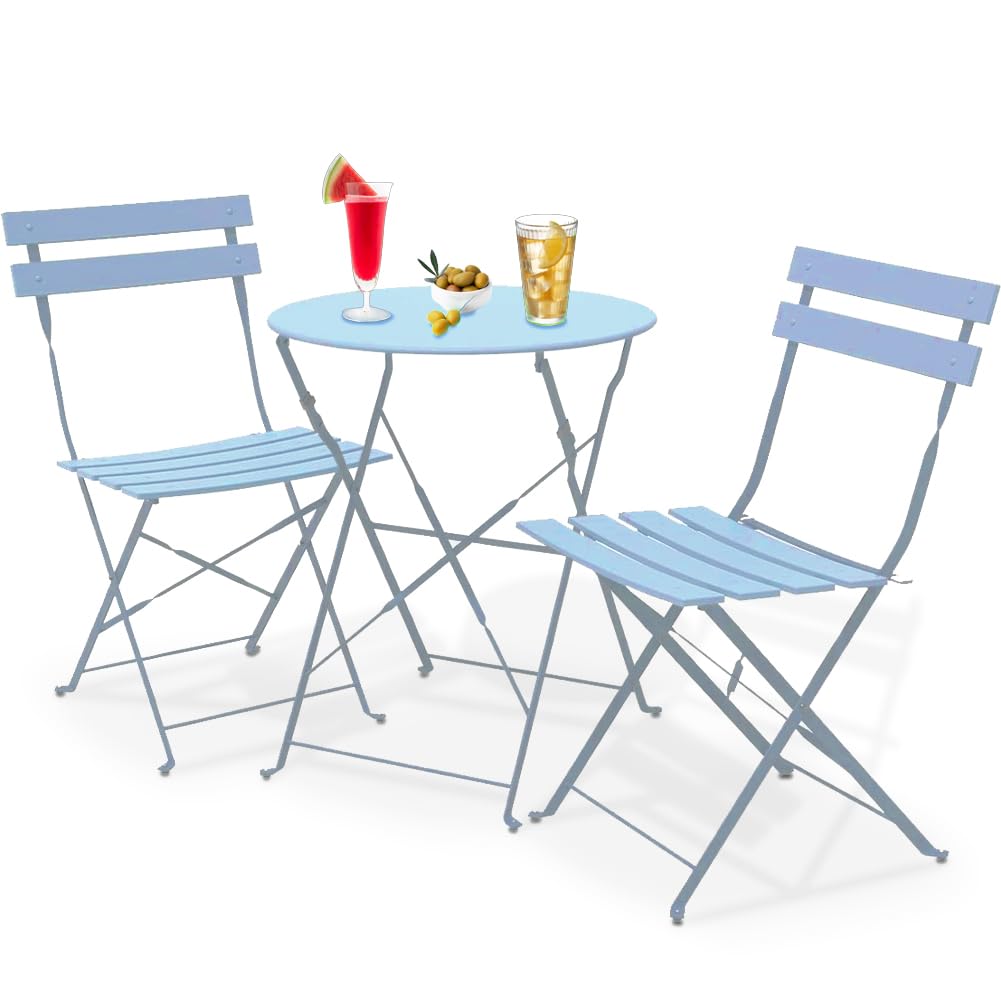 Juego de 3 piezas de jardín plegable modelo París, mesa con 2 sillas de acero, muebles que ahorran espacio para bistró, balcón, patio, terraza, exterior, bar doble (azul)