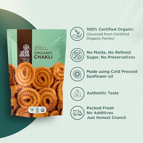 Image of Pure & Sure Organic Chakli Snack 120gm (Pack of 1) | Delicious Crunchy Namkeen & Snacks | Ready to Eat Tea Time Snacks, Cholesterol Free, No Trans Fats, No Preservatives