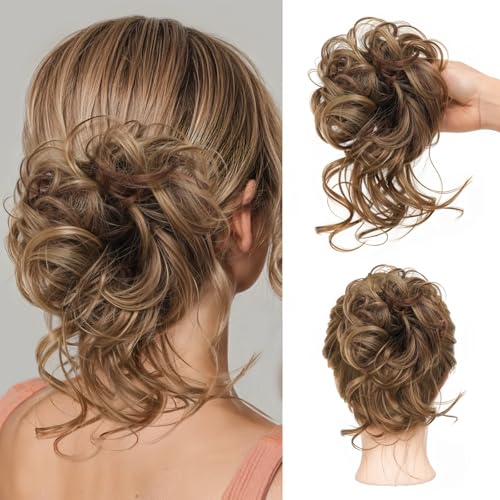 Mtuihfo Messy Bun Hair Piece Curly Wavy Hair Buns Hair Piece - Tousled Updo Fake Hair Bun - Synthetic Messy Bun Scrunchie Hairs Pieces for Women Girls (Light Brown)