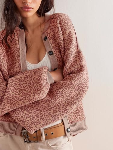 Image of Women's Casual Leopard Print Jacket Crew Neck Long Sleeve Loose Fit Button Coat Fall Trendy Bomber Cardigan