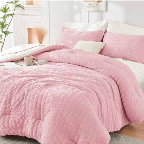 Image of HYMOKEGE Pink /Ivory Full Size Comforter Sets Seersucker 7 Pieces, All Season Luxury Bed in a Bag for Bedroom, Bedding Set with Comforter, Sheets, Pillowcases & Shams