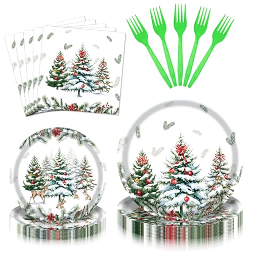 96 Pieces Christmas Tree Party Tableware Set – Holiday-Themed Disposable Plates,...