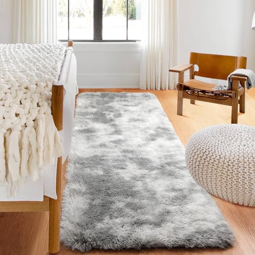 ONASAR 2x6 Fluffy Tie-Dyed Grey Runner Rug