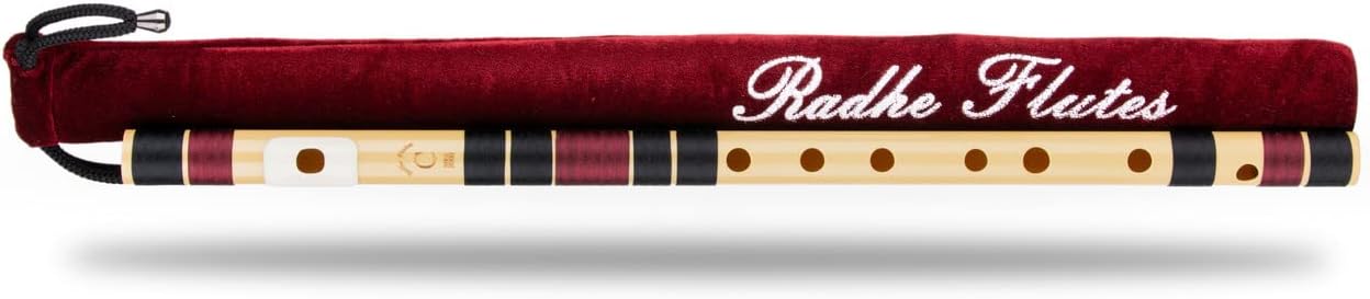 Radhe Flutes | C Natural Right Handed Middle Bansuri | Black & Maroon | Tuned With Tanpura A=440Hz | PVC Flute + Velvet Cover + Hindi & English Flute Lessons