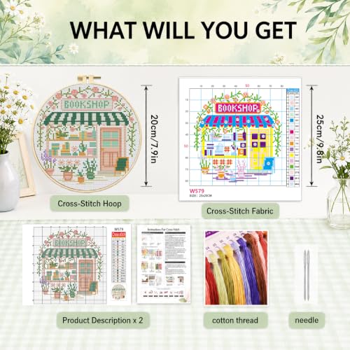 Image of VIGEGU Bookstore Stamped Cross Stitch Kits for Adults Beginners with Frame