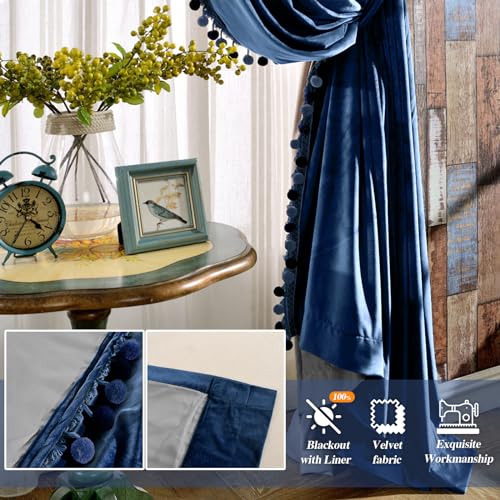 Image of Melodieux Pom Poms Velvet Blackout Curtains for Bedroom Living Room, Vintage Luxury Thermal Insulated Rod Pocket Lined Drapes, 52 inch W x 84 inch L, Royal Blue (2 Panels)