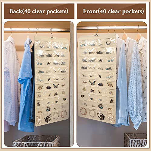 Kenning 6 Pcs Hanging Jewelry Organizer Storage Roll With 80 Pockets, Dual Sided Hanging Women Girl Jewelry Holder Hanging Accessories Holder Closet Earring Storage For Earring Necklace Bracelet Ring #TOP3