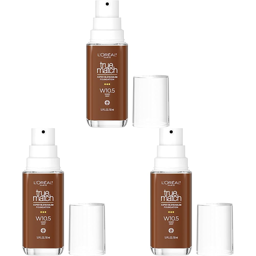 L’Oréal Paris True Match Super-Blendable Foundation, Medium Coverage Liquid Foundation Makeup with SPF 17, W10.5, Deep, 1 Fl Oz (Pack of 3)