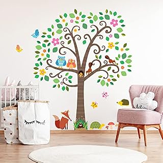 DECOWALL DA-1502N Large Scroll Tree and Animals Kids Wall Stickers Decals Peel and Stick Removable for Nursery Bedroom Living Room Art murals Decorations
