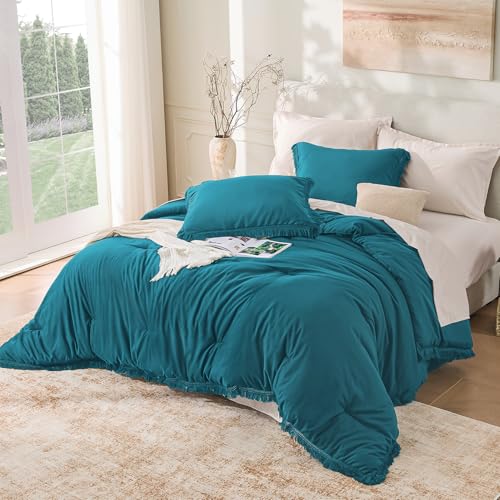 Image of Andency Turquoise Comforter Twin Size, 2 Pieces Boho Teal Tassel Lightweight Bedding Comforter Sets for Twin Bed, Teal Blue All Season Soft Fluffy Fringe Bed Set (66x90In Comforter & 1 Pillowcase)