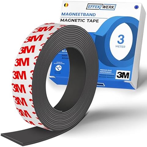 E•Werk - Magnetic Tape Roll - 10' / 3 Meter - Extra Thick & Wide Magnet Strips w/Strong Self-Adhesive Backing - Easy to Cut & Stick to Surfaces - Perfect for DIY, Whiteboard & Fridge Organization Cover