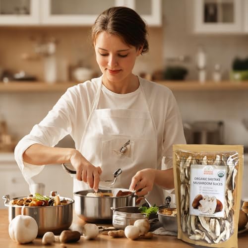 VIGOROUS MOUNTAINS Organic Shiitake Mushrooms Sliced, Great Size Fresh Texture Rehydrate Quickly, Dried Shiitake Mushrooms for Cooking Soups/Ramen/Pasta and Risotto, All Natural Vegan (8Oz)