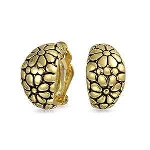 De Fleurs Demi-Cerceau Large Clipser Pour Femmes Crevettes Oreilles Non Percées Laiton Plaqué Or Jaune Oxydé 14K