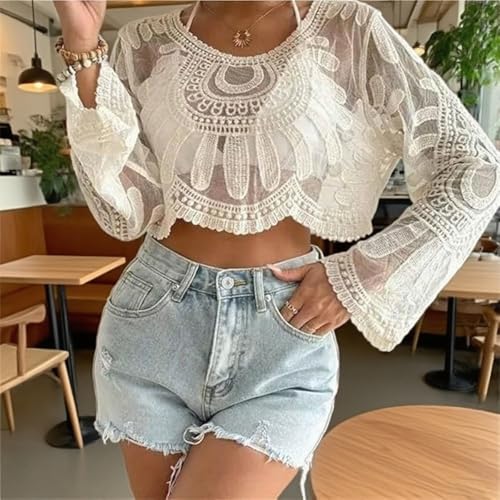 Women's Floral Embroidered Semi-Sheer Cover Up Long Sleeve Round Neck Boho Lace Top，Women Sheer Beach Coverup，Mesh Design(Black and White)3