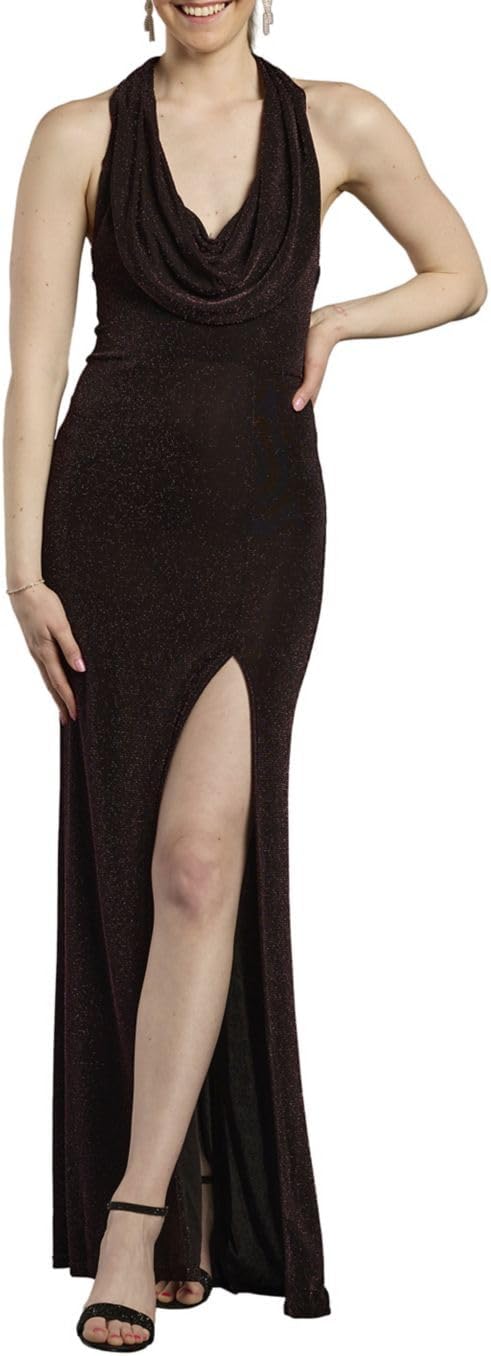 David's Bridal Metallic Plunge Neckline Halter Sheath Dress